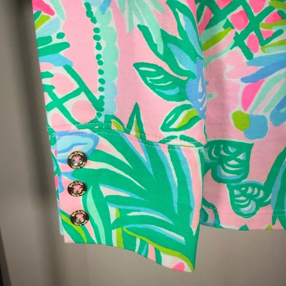 Lilly Pulitzer “Aleah” Tropical Pelican Pink Coconut Row Print Blouse Size Small - Picture 4 of 8